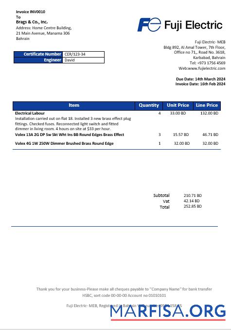 Blank Bahrain Falcon Electrical S.P.C electricity business utility bill template in Word and PDF format